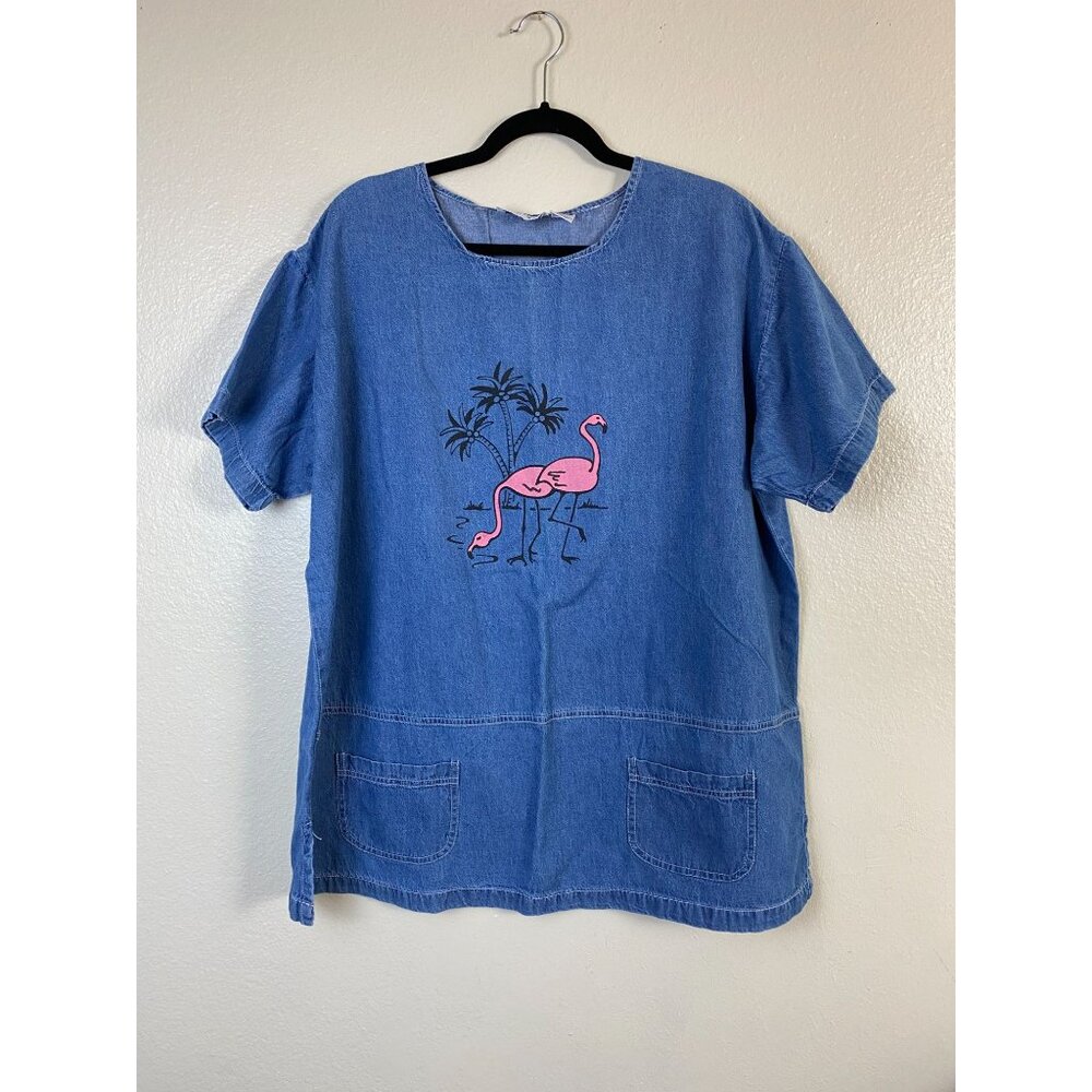 Vintage Woman Within Blue Denim Flamingo Short‎ Sleeve Tunic Top Plus 1X Novelty